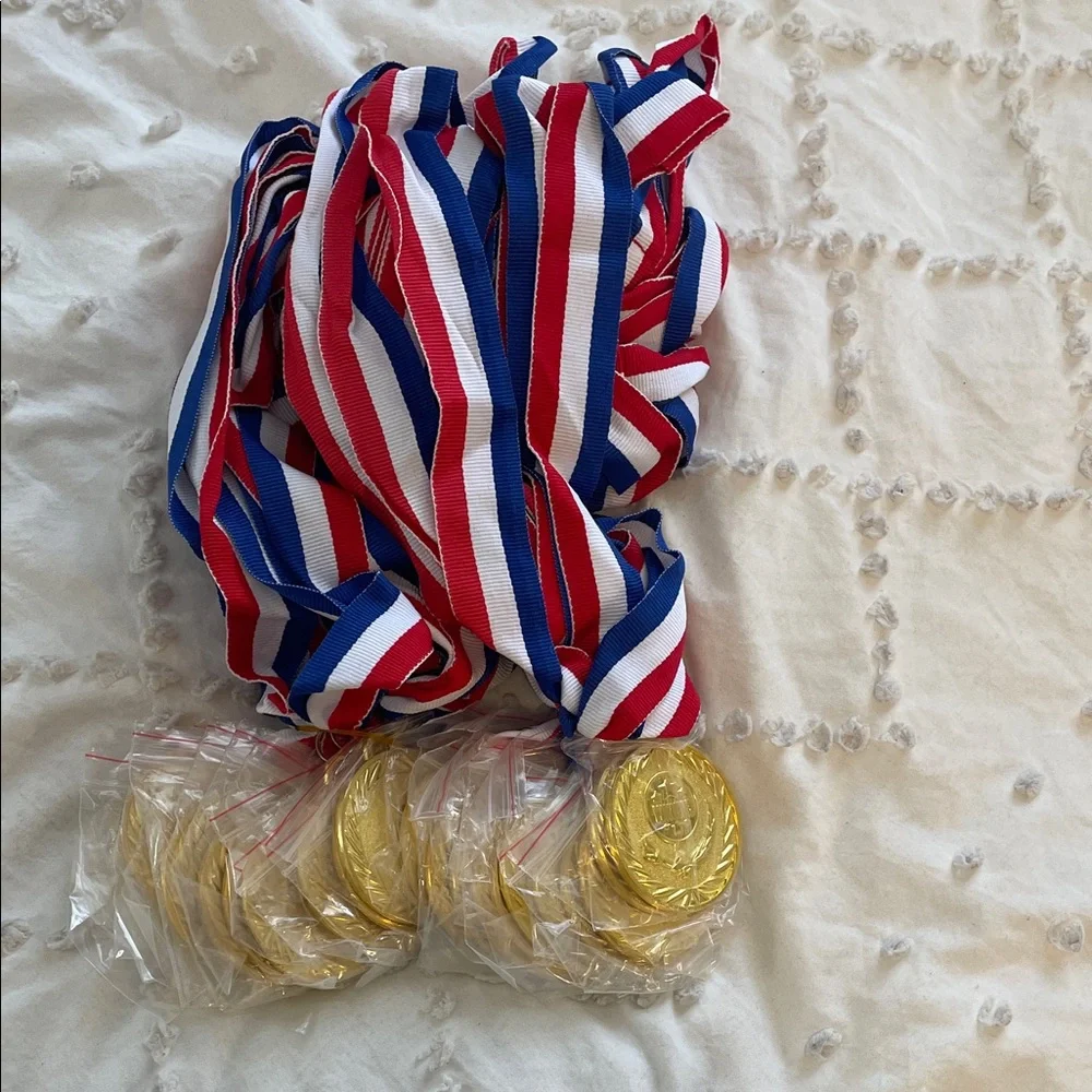 24 Gold Medals with Red, White, and Blue Ribbons new